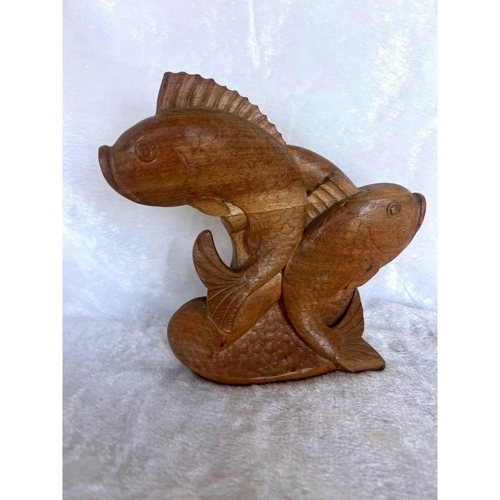 Hand Carved Wood Sculpture Double‎ Koi Fish Signed HH Hale Vintage Decor Coastal